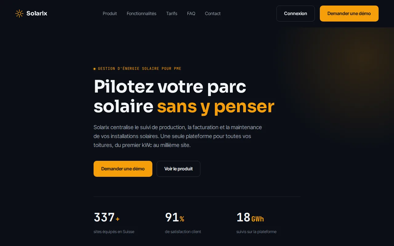 Aperçu du site Solarix, plateforme de gestion d'énergie solaire
